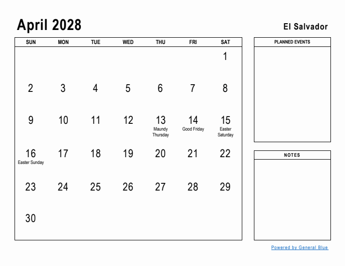 April 2028 Printable Monthly Calendar with El Salvador Holidays