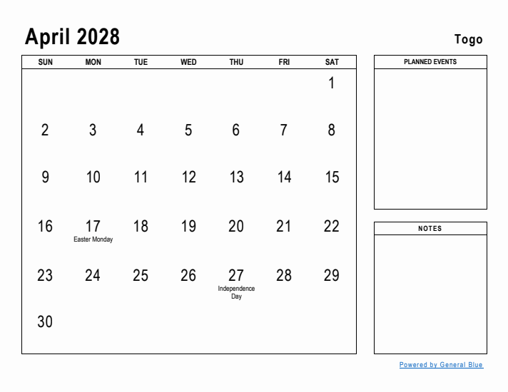 April 2028 Printable Monthly Calendar with Togo Holidays