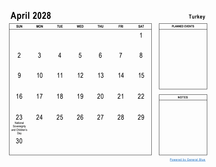 April 2028 Printable Monthly Calendar with Turkey Holidays