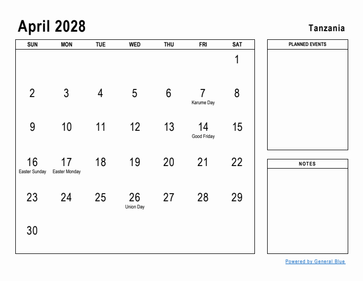 April 2028 Printable Monthly Calendar with Tanzania Holidays