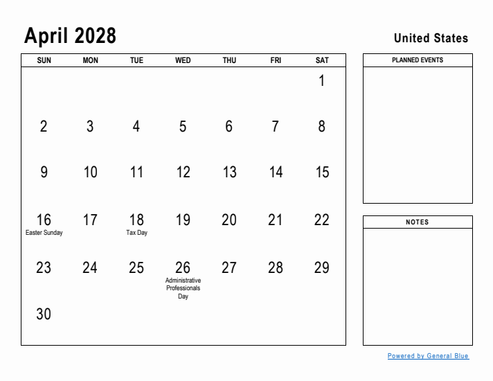 April 2028 Printable Monthly Calendar with United States Holidays