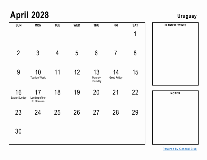 April 2028 Printable Monthly Calendar with Uruguay Holidays