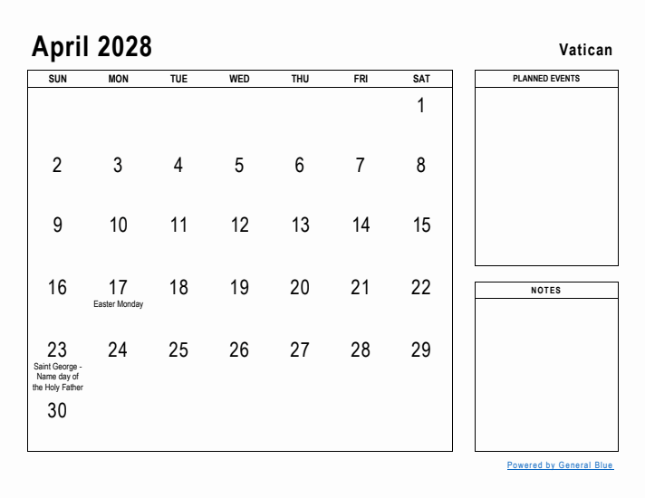 April 2028 Printable Monthly Calendar with Vatican Holidays