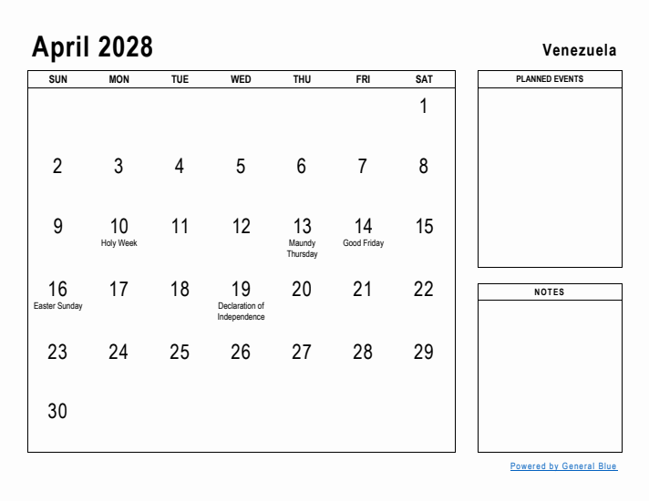 April 2028 Printable Monthly Calendar with Venezuela Holidays