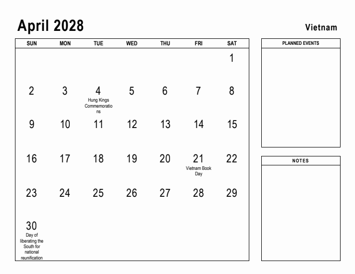 April 2028 Printable Monthly Calendar with Vietnam Holidays