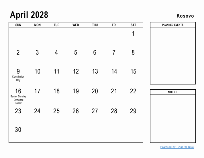 April 2028 Printable Monthly Calendar with Kosovo Holidays