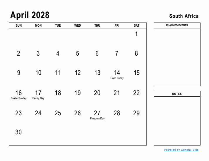 April 2028 Printable Monthly Calendar with South Africa Holidays