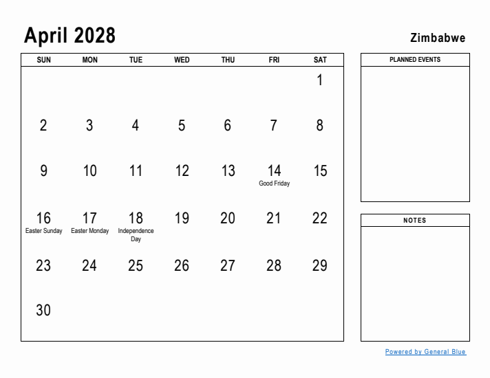 April 2028 Printable Monthly Calendar with Zimbabwe Holidays