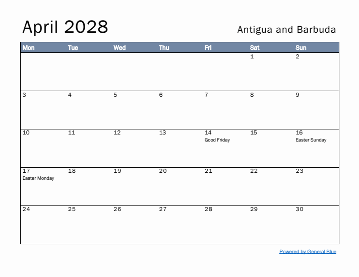 April 2028 Simple Monthly Calendar for Antigua and Barbuda