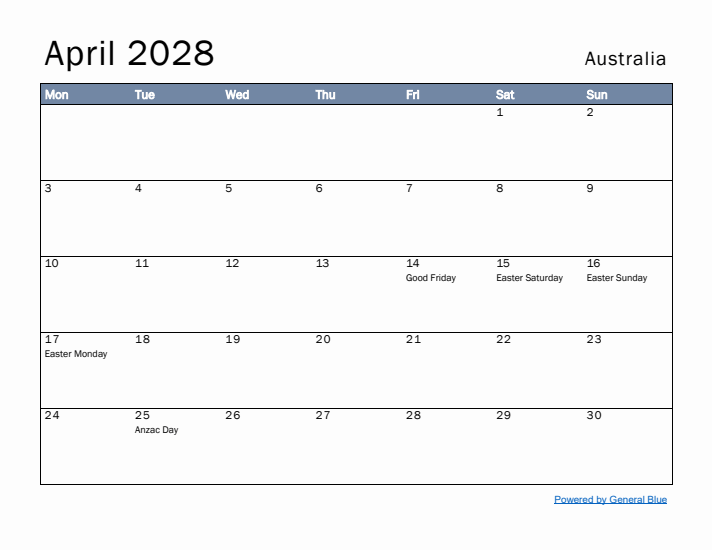 April 2028 Simple Monthly Calendar for Australia