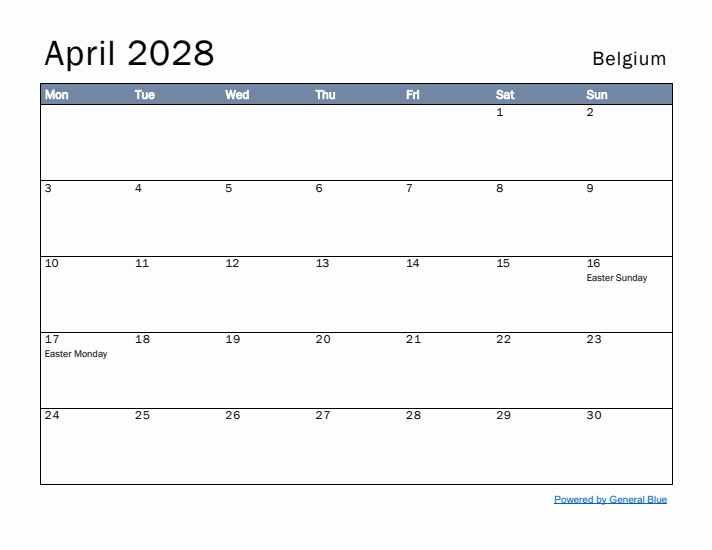 April 2028 Simple Monthly Calendar for Belgium