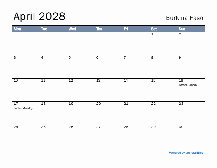 April 2028 Simple Monthly Calendar for Burkina Faso