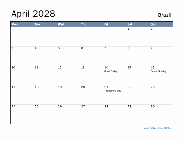 April 2028 Simple Monthly Calendar for Brazil