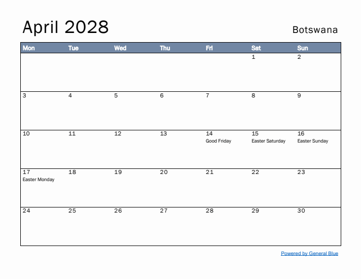 April 2028 Simple Monthly Calendar for Botswana