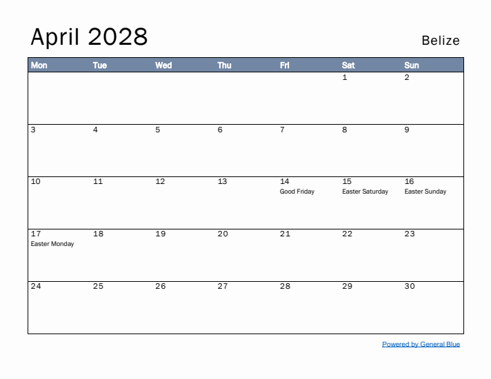 April 2028 Simple Monthly Calendar for Belize