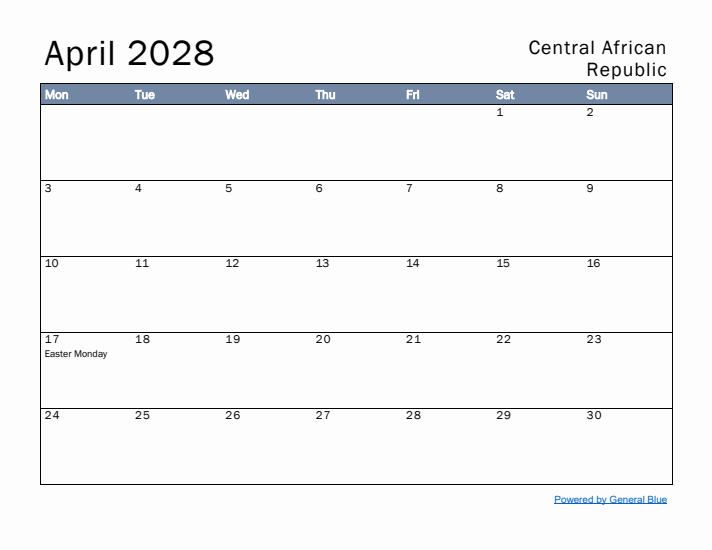 April 2028 Simple Monthly Calendar for Central African Republic