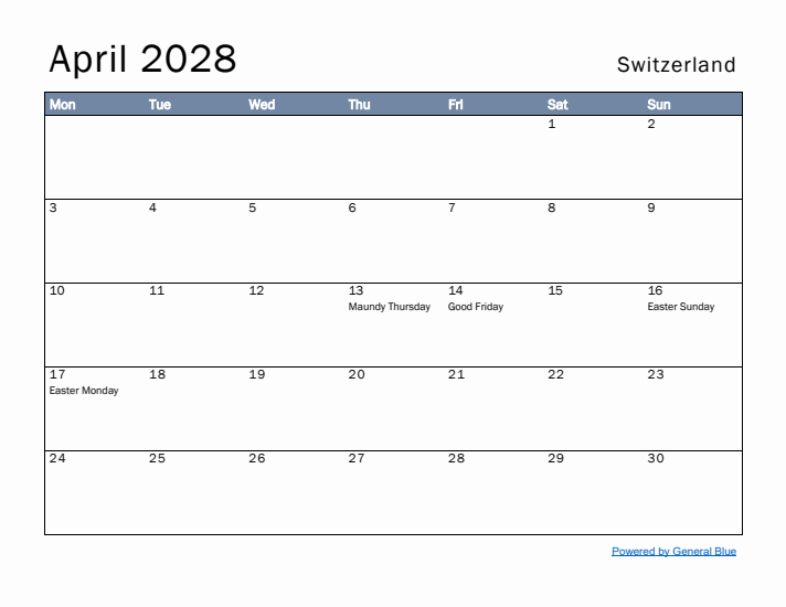 April 2028 Simple Monthly Calendar for Switzerland