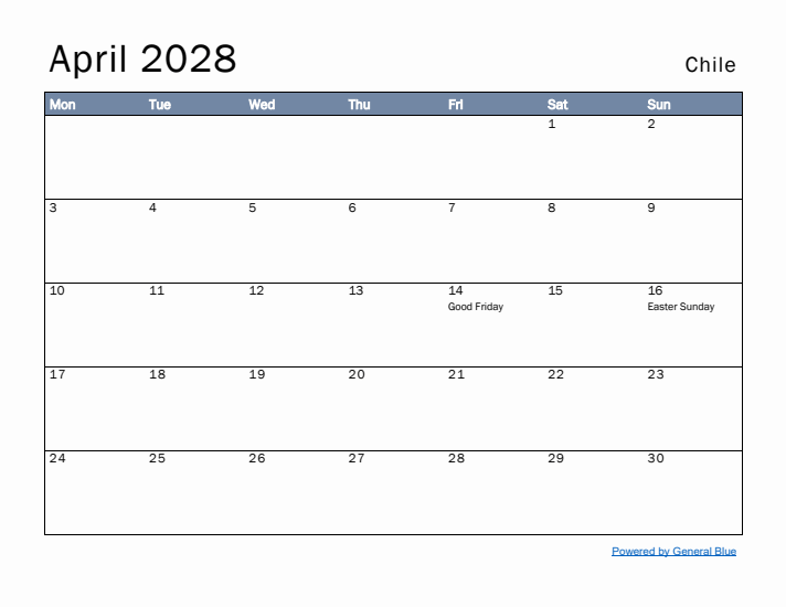 April 2028 Simple Monthly Calendar for Chile