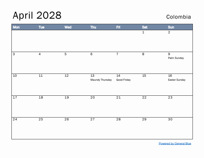 April 2028 Simple Monthly Calendar for Colombia