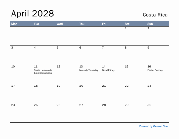 April 2028 Simple Monthly Calendar for Costa Rica