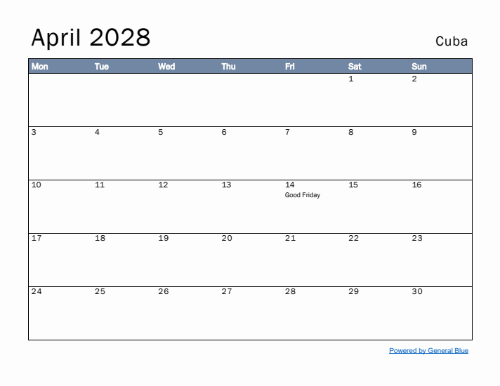 April 2028 Simple Monthly Calendar for Cuba