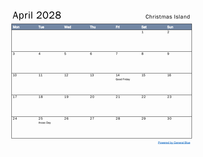 April 2028 Simple Monthly Calendar for Christmas Island