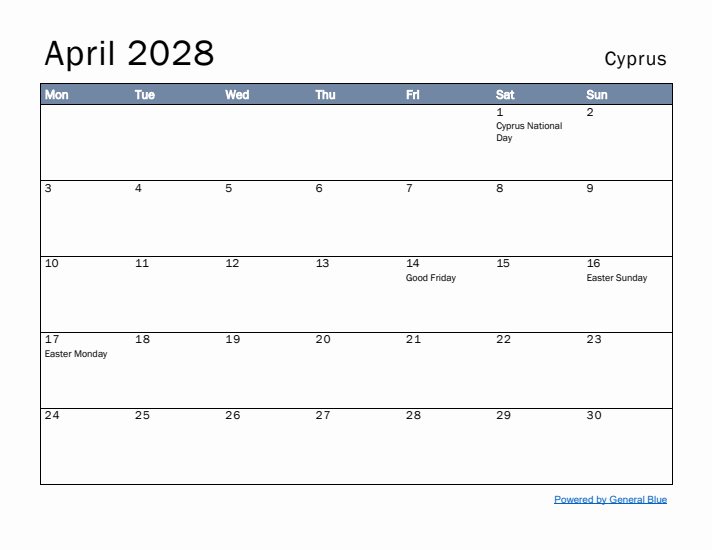 April 2028 Simple Monthly Calendar for Cyprus