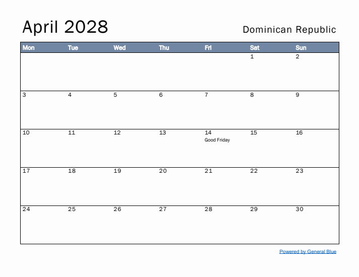 April 2028 Simple Monthly Calendar for Dominican Republic