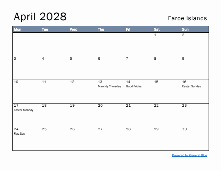 April 2028 Simple Monthly Calendar for Faroe Islands