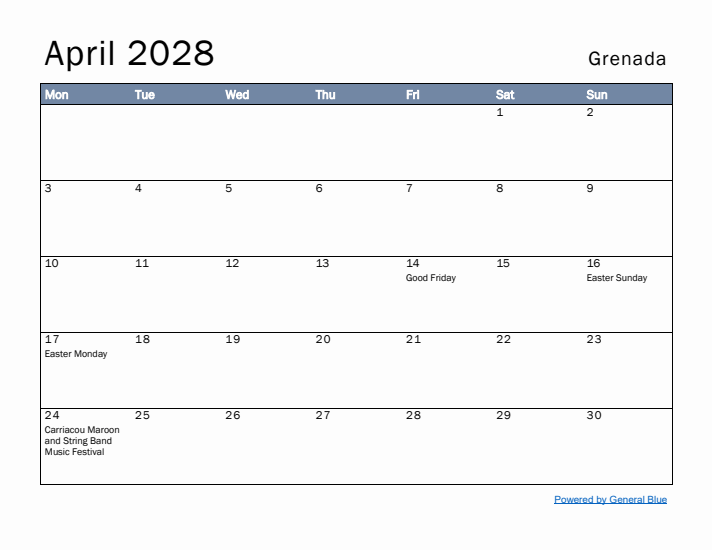 April 2028 Simple Monthly Calendar for Grenada