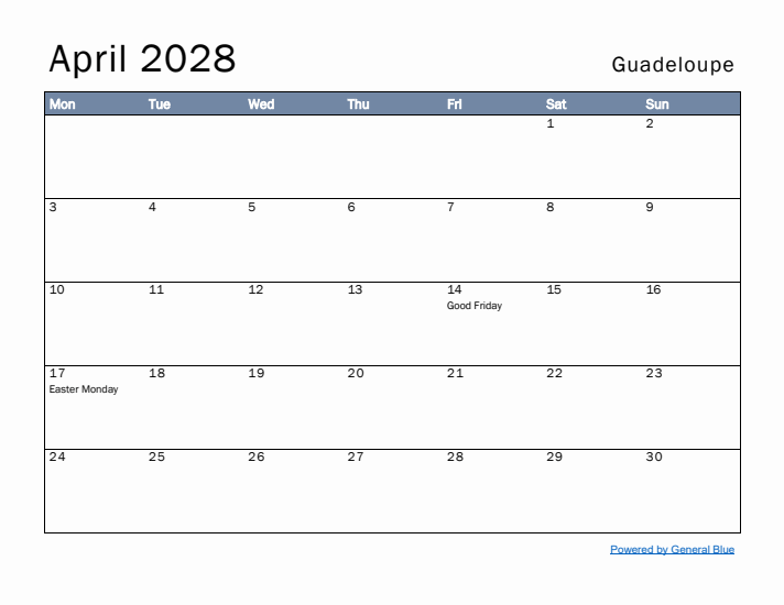 April 2028 Simple Monthly Calendar for Guadeloupe