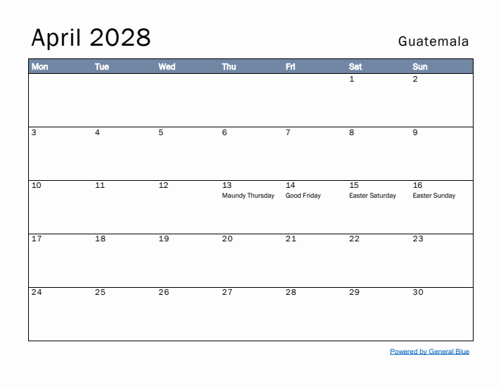 April 2028 Simple Monthly Calendar for Guatemala