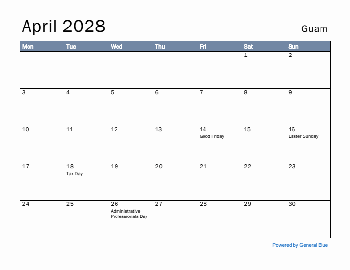 April 2028 Simple Monthly Calendar for Guam