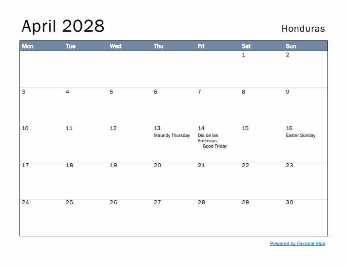 April 2028 Simple Monthly Calendar for Honduras