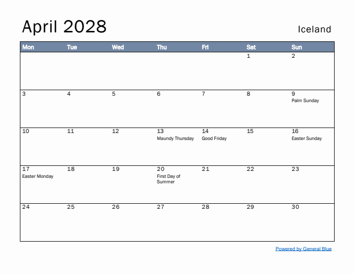 April 2028 Simple Monthly Calendar for Iceland