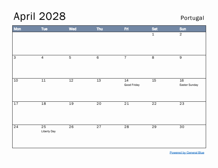 April 2028 Simple Monthly Calendar for Portugal