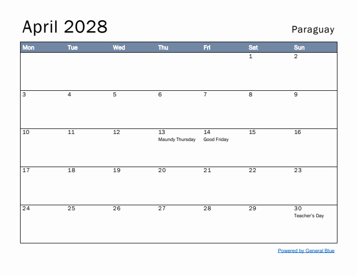 April 2028 Simple Monthly Calendar for Paraguay