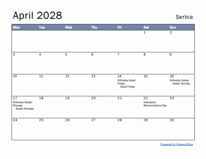 April 2028 Simple Monthly Calendar for Serbia