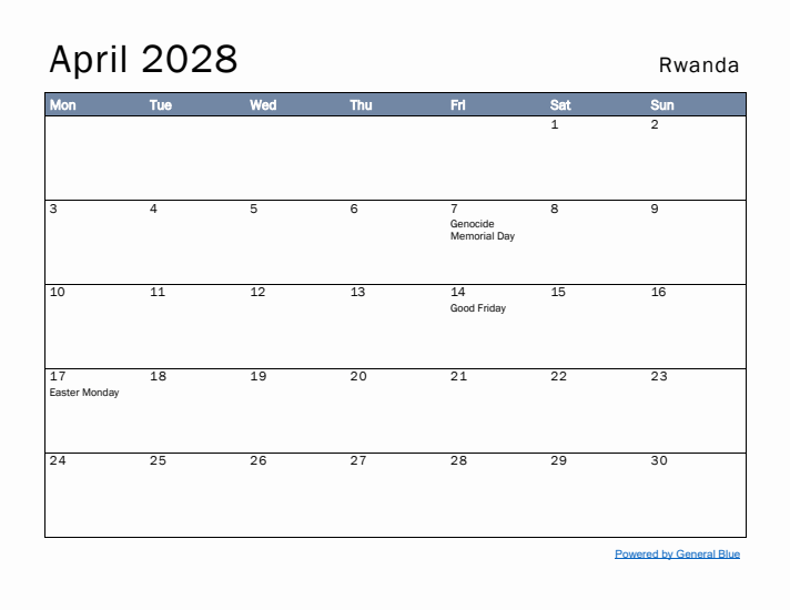 April 2028 Simple Monthly Calendar for Rwanda