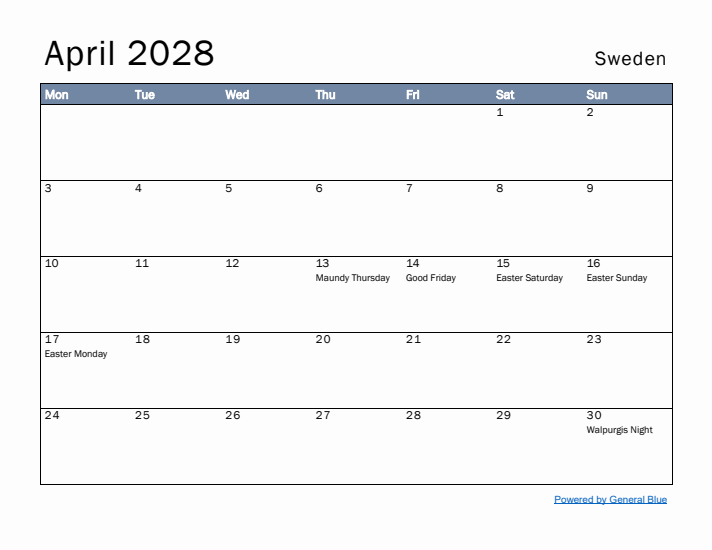 April 2028 Simple Monthly Calendar for Sweden