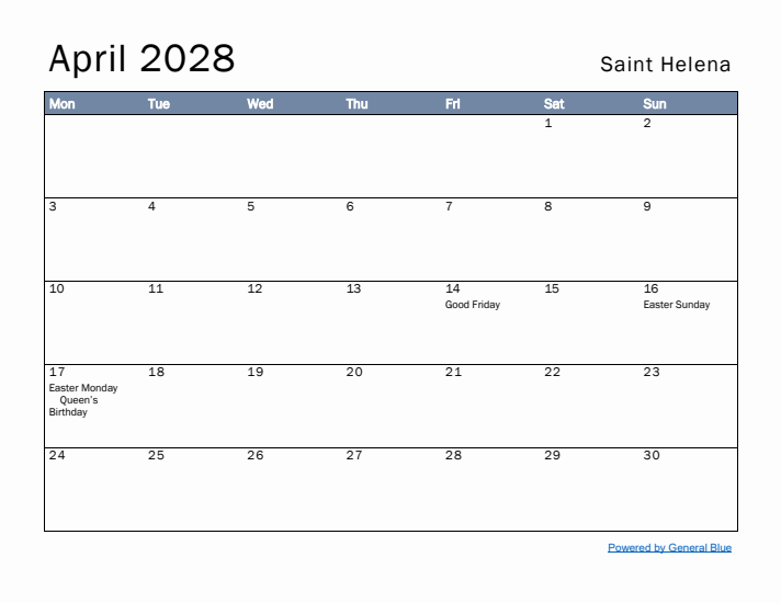 April 2028 Simple Monthly Calendar for Saint Helena