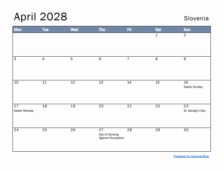 April 2028 Simple Monthly Calendar for Slovenia