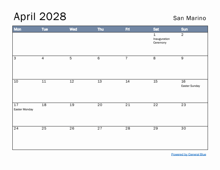 April 2028 Simple Monthly Calendar for San Marino