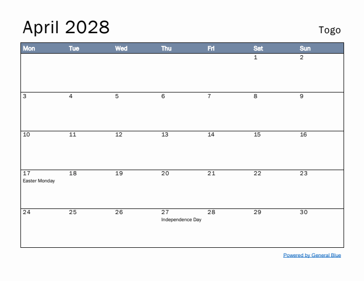 April 2028 Simple Monthly Calendar for Togo