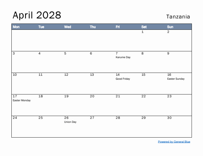 April 2028 Simple Monthly Calendar for Tanzania