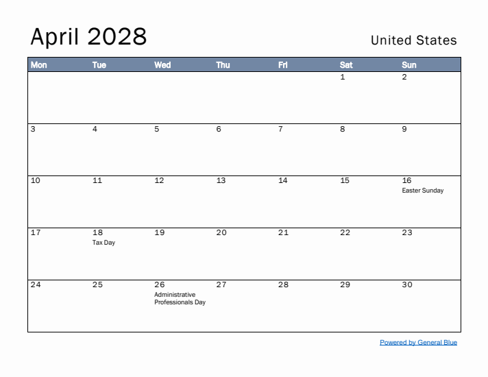 April 2028 Simple Monthly Calendar for United States