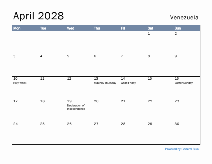 April 2028 Simple Monthly Calendar for Venezuela