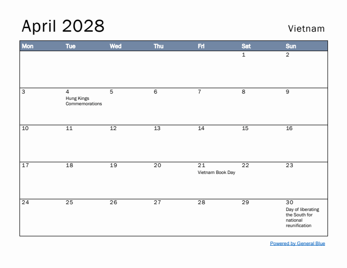 April 2028 Simple Monthly Calendar for Vietnam