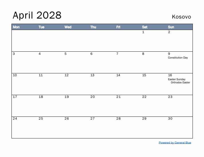 April 2028 Simple Monthly Calendar for Kosovo