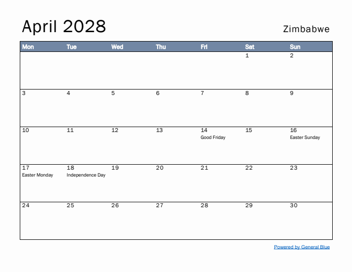 April 2028 Simple Monthly Calendar for Zimbabwe